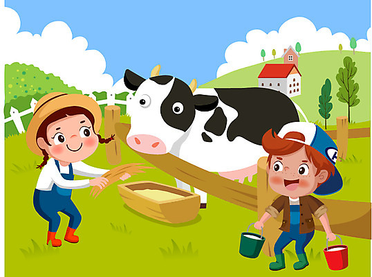 전신 나무 여자 남자 어린이 일러스트 서기 초원 두명 울타리 농장 건초 먹이 젖소 국내일러스트 AI파일 식물 농업 모션 사람 담장 소 파일형식 벡터