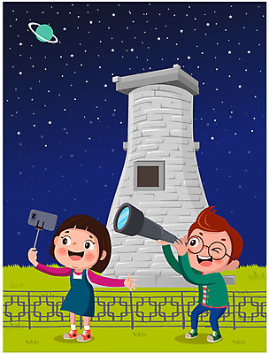 여자 남자 어린이 일러스트 들기 두명 망원경 별자리 행성 역사 셀프카메라 관측 첨성대 셀카봉 국내일러스트 AI파일 모션 사람 우주 사진촬영 경주_경상북도 국보 파일형식 벡터