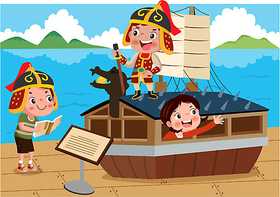 전신 여자 남자 어린이 일러스트 상반신 세명 체험 역사 한국사 거북선 선박 국내일러스트 AI파일 컨셉 수상교통 사람 파일형식 벡터