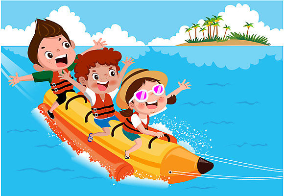 전신 구름 여자 남자 어린이 바다 섬 일러스트 물놀이 세명 여름 바나나보트 국내일러스트 AI파일 자연요소 계절 놀이 사람 보트 파일형식 벡터