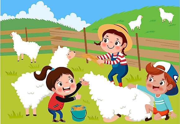 전신 여자 남자 어린이 일러스트 서기 앉기 초원 세명 울타리 목장 양 먹이 국내일러스트 AI파일 포유류 모션 사람 담장 파일형식 벡터