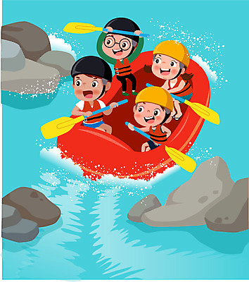 전신 여자 남자 어린이 일러스트 레저 여러명 계곡 바위 급류타기 고무보트 국내일러스트 AI파일 다수 사람 돌_바위 수상스포츠 파일형식 벡터