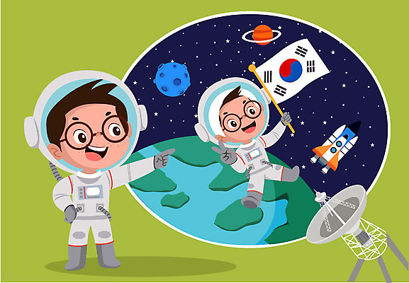 전신 남자 별 지구 어린이 과학 일러스트 두명 우주 행성 우주비행사 태극기 우주선 천문학 천체관측 국내일러스트 AI파일 자연요소 교육 사람 국기 관측 파일형식 벡터