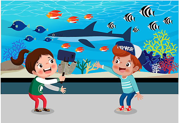 전신 여자 남자 어린이 일러스트 어류 서기 두명 산호 상어 수족관 관람 견학 셀카봉 국내일러스트 AI파일 교육 모션 사람 수중동물 자포동물 파일형식 벡터