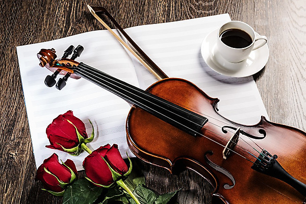 포토 JPG 해외이미지 커피 사람없음 장미 우아함 커피잔 바이올린 악보 나무바닥 바이올린활 차받침대 해외202004 해외포토 꽃 음료 음악 컨셉 현악기 잔 바닥 받침대 파일형식 이미지허브