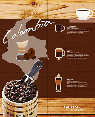 PSD 템플릿 표지디자인 북디자인 출판디자인 내지 커피 리플렛 2단접지 북커버 팜플렛 사람없음 원두 콜롬비아 커피잔 스쿱 핸드드립 이미지템플릿 음료 잔 남아메리카 커피용품 파일형식