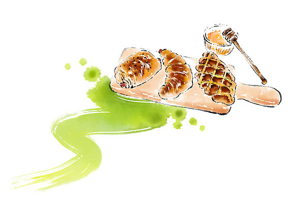 PSD 접시 음식 일러스트 캘리그라피 붓터치 사람없음 크루아상 꿀 와플 허니디퍼 국내일러스트 식기 빵 디저트 도구 파일형식