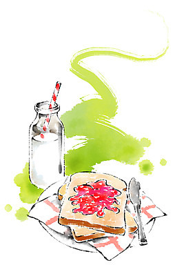 PSD 접시 음식 일러스트 캘리그라피 붓터치 유리병 빨대 사람없음 우유 토스트 딸기잼 잼나이프 스프레드 국내일러스트 식기 빵 병_용기 유제품 나이프 잼 파일형식