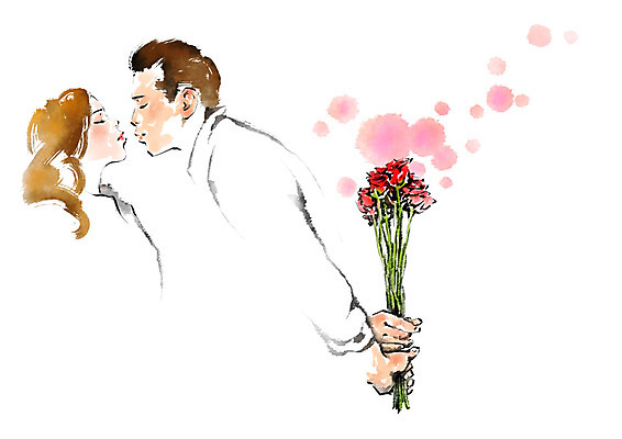 PSD 커플 여자 남자 꽃다발 결혼 일러스트 캘리그라피 키스 성인 두명 국내일러스트 꽃 관계 사람 이벤트 애정표현 파일형식