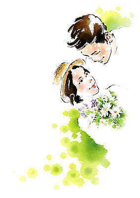 PSD 모자 커플 여자 남자 꽃다발 결혼 프로포즈 일러스트 캘리그라피 성인 두명 국내일러스트 잡화 꽃 관계 사람 이벤트 파일형식