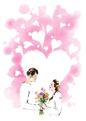 PSD 커플 여자 남자 꽃다발 결혼 프로포즈 일러스트 캘리그라피 성인 두명 마주보기 하트 국내일러스트 모양 꽃 관계 모션 사람 이벤트 파일형식