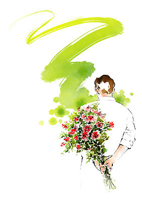 PSD 남자 꽃다발 프로포즈 일러스트 캘리그라피 붓터치 한명 성인 국내일러스트 1 꽃 사람 파일형식