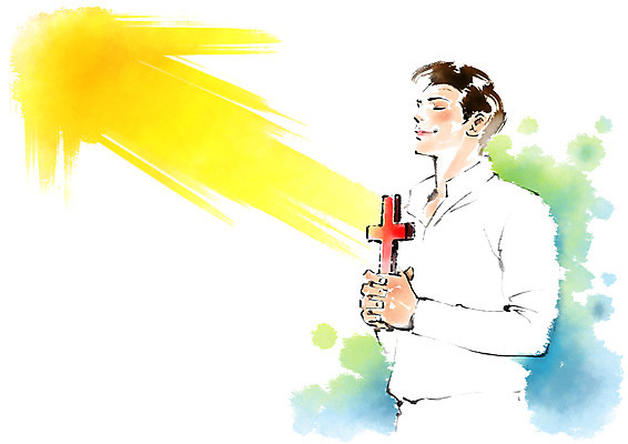 PSD 남자 기독교 십자가 일러스트 캘리그라피 한명 들기 성인 햇빛 눈감음 기도 번짐 국내일러스트 1 종교 모션 사람 태양 파일형식 효과