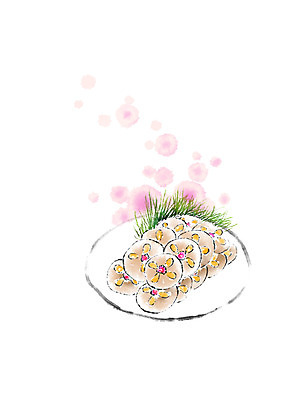 PSD 한국전통 접시 한식 일러스트 캘리그라피 사람없음 전통음식 솔잎 화전 제철음식 국내일러스트 전통 식기 음식 잎 한국 전 제철 파일형식