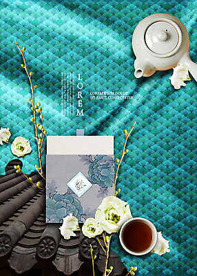 PSD 편집 편집이미지 한국전통 꽃 음식 기와 사람없음 나뭇가지 전통차 찻잔 찻주전자 이미지편집 나무 식물 전통 주전자 잔 한국 차_음료 파일형식