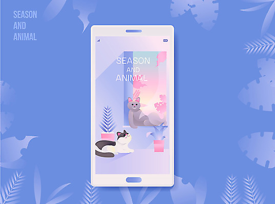 동물 화분 두마리 일러스트 하늘 나뭇잎 사람없음 스마트폰 고양이 봄 반려 국내일러스트 AI파일 계절 잎 2 포유류 핸드폰 스마트기기 반려동물 파일형식 벡터