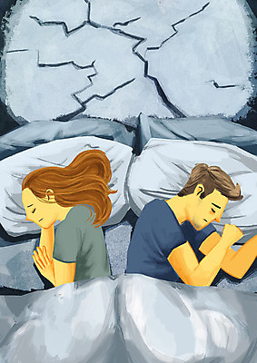 PSD 부부 여자 남자 일러스트 상반신 성인 두명 눕기 등돌리기 침대 균열 괴로움 부부싸움 갈등 이혼 국내일러스트 커플 감정 가구 모션 사람 싸움 파일형식