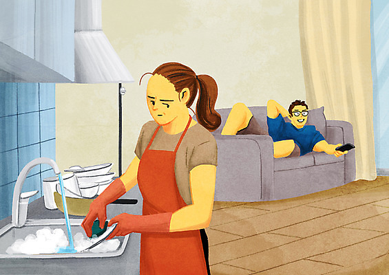 PSD 부부 여자 남자 가사 일러스트 상반신 성인 두명 소파 눕기 설거지 갈등 이혼 국내일러스트 커플 의자 모션 사람 파일형식