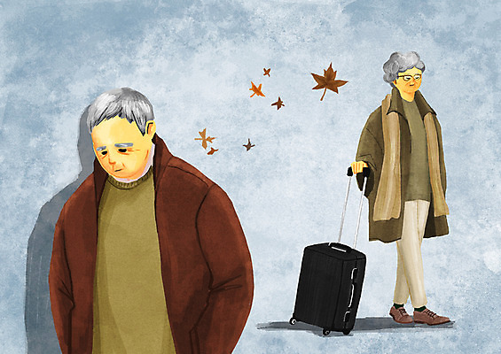 PSD 부부 여자 할아버지 노년 남자 할머니 낙엽 일러스트 두명 캐리어 떠남 이혼 황혼이혼 국내일러스트 커플 잎 모션 사람 성인 여행가방 파일형식