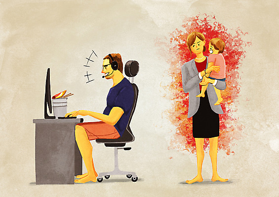 PSD 부부 여자 남자 딸 일러스트 성인 세명 분노 짜증 실업자 열받음 이혼 게임중독 국내일러스트 커플 감정 가족 사람 중독 파일형식