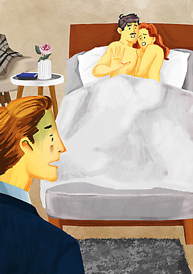 PSD 부부 여자 남자 일러스트 상반신 성인 세명 침대 불륜 이혼 국내일러스트 커플 가구 사람 파일형식