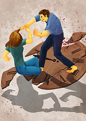 전신 PSD 부부 여자 남자 시계 일러스트 성인 두명 폭력 혈액 싸움 갈등 가정폭력 때리기 이혼 국내일러스트 커플 모션 사람 사회이슈 파일형식