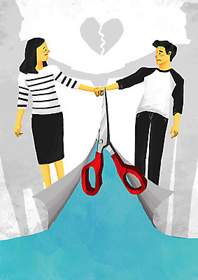 PSD 부부 여자 남자 일러스트 가위 상반신 성인 두명 손잡기 슬픔 하트 자르기 눈물 이혼 국내일러스트 모양 커플 감정 모션 문구용품 사람 파일형식