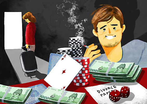 PSD 부부 여자 남자 돈 일러스트 담배 성인 두명 트럼프 도박 중독 떠남 이혼 도박중독 국내일러스트 커플 모션 사람 놀이용품 재산 파일형식