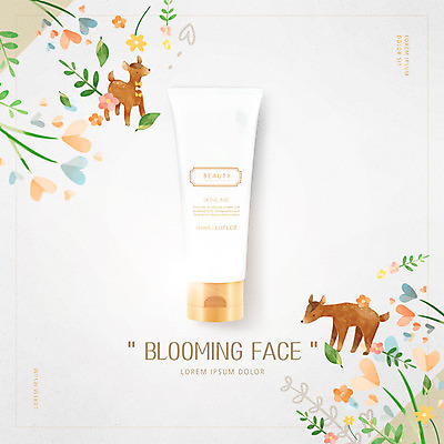 PSD 편집 편집이미지 꽃 사슴 나뭇잎 사람없음 뷰티 화장품 하트 광고편집 스킨케어 튜브용기 이미지편집 모양 식물 잎 포유류 용기_그릇 파일형식