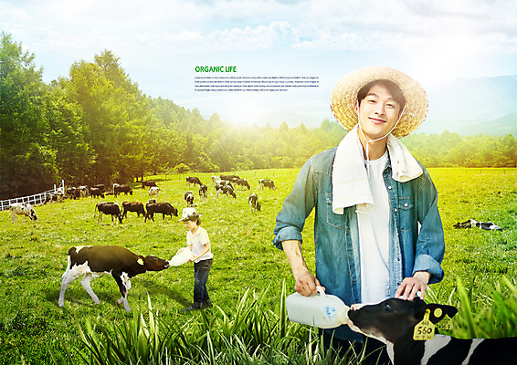 전신 PSD 나무 구름 편집 편집이미지 남자 어린이 하늘 초원 상반신 20대 성인 두명 앞모습 옆모습 가축 목장 한국인 우유 농부 젖소 유기농 밀짚모자 광고편집 낙농업 남자만 청년농부 이미지편집 자연요소 식물 동물 직업 모자_잡화 웰빙 산업 뷰포인트 유제품 사람 동양인 청년 소 파일형식