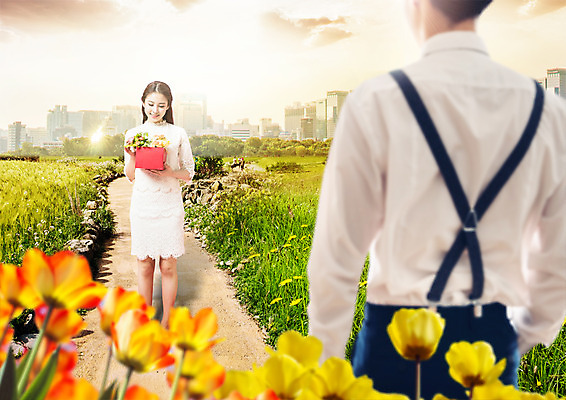 PSD 편집 편집이미지 커플 여자 남자 결혼 빌딩 상반신 20대 두명 뒷모습 선물상자 노을 한국인 튤립 광고편집 이미지편집 자연요소 꽃 뷰포인트 관계 선물 사람 동양인 이벤트 청년 건물 상자 파일형식