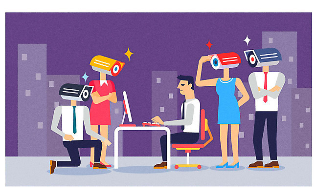 전신 여자 남자 선 인터넷 일러스트 정보기술 앉기 여러명 성인 건물 전자제품 업무 감시 감시카메라 사물인터넷 4차산업 국내일러스트 AI파일 건축물 산업 다수 모션 기술 사람 카메라 작업 파일형식 벡터