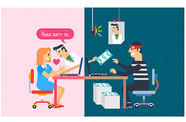 전신 여자 남자 선 돈 인터넷 일러스트 정보기술 앉기 상반신 성인 세명 노트북 전자제품 속임수 사기꾼 사물인터넷 4차산업 국내일러스트 AI파일 산업 모션 기술 사람 재산 파일형식 벡터