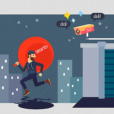 전신 남자 선 인터넷 일러스트 정보기술 한명 성인 건물 전자제품 보안 감시 감시카메라 사물인터넷 4차산업 국내일러스트 AI파일 1 건축물 산업 기술 안전 사람 카메라 파일형식 벡터