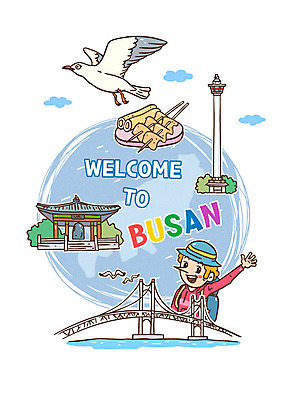 외국인 남자 여행 일러스트 갈매기 등대 한명 상반신 어묵 부산 광안대교 국내여행 용두산공원 국내일러스트 AI파일 1 공원 조류 한국 사람 인종 다리_건축물 파일형식 벡터