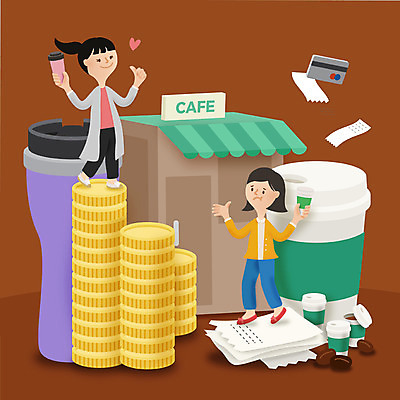 전신 여자 커피 지폐 돈 일러스트 성인 두명 동전 카페 절약 신용카드 테이크아웃 영수증 테이크아웃컵 국내일러스트 AI파일 음료 컨셉 사람 컵 금융 상점 재산 파일형식 벡터
