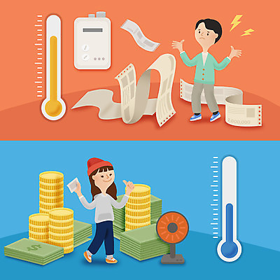 전신 여자 남자 지폐 돈 일러스트 서기 성인 두명 동전 절약 온도계 체온계 난방기 난로 난방 영수증 국내일러스트 AI파일 컨셉 모션 사람 금융 재산 난방용품 파일형식 벡터