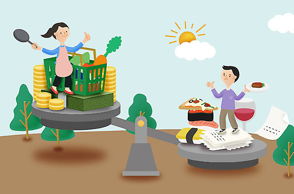 전신 여자 남자 지폐 돈 일러스트 식재료 피자 저울 요리 서기 성인 두명 와인 동전 초밥 절약 장바구니 영수증 외식 국내일러스트 AI파일 컨셉 모션 주류 패스트푸드 서양음식 사람 금융 쇼핑 바구니 재산 일본음식 파일형식 벡터