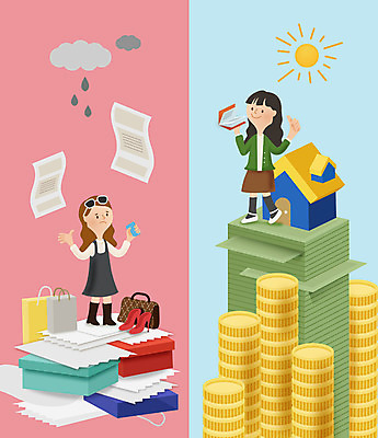 전신 여자 구두 지폐 돈 가방 일러스트 주택 서기 성인 두명 쇼핑 동전 절약 국내일러스트 AI파일 잡화 신발 컨셉 모션 사람 건물 재산 파일형식 벡터