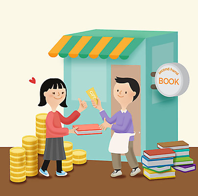 전신 여자 남자 지폐 돈 일러스트 성인 두명 책 동전 절약 헌책방 국내일러스트 AI파일 컨셉 사람 재산 서점 파일형식 벡터
