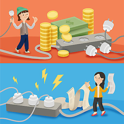 전신 여자 지폐 돈 일러스트 성인 두명 동전 전선 절약 플러그 뽑기 국내일러스트 AI파일 컨셉 사람 재산 파일형식 벡터