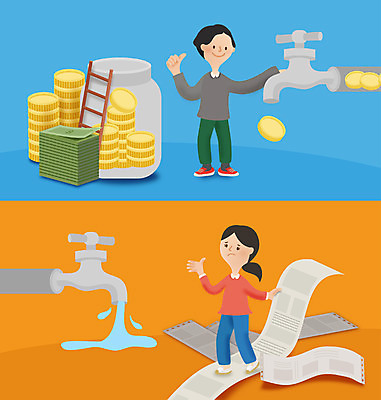 전신 여자 남자 지폐 돈 일러스트 서기 성인 두명 동전 절약 수도꼭지 물절약 영수증 국내일러스트 AI파일 컨셉 모션 사람 금융 재산 파일형식 벡터