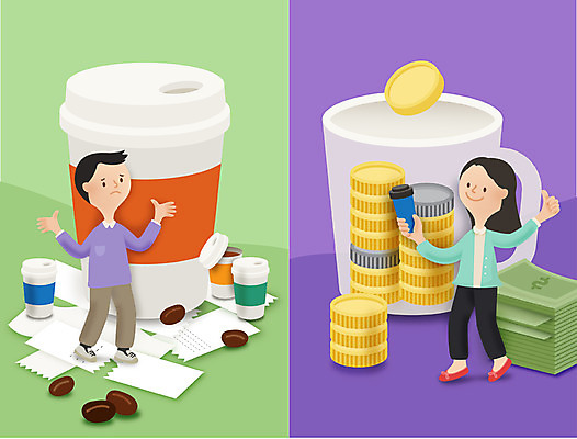전신 여자 남자 커피 지폐 돈 일러스트 서기 성인 두명 동전 머그컵 절약 테이크아웃 테이크아웃컵 국내일러스트 AI파일 음료 컨셉 모션 사람 컵 재산 파일형식 벡터