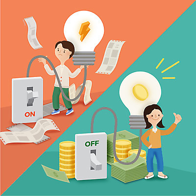 전신 여자 남자 지폐 돈 일러스트 전구 서기 성인 두명 동전 전원 절약 전기에너지 전원스위치 국내일러스트 AI파일 컨셉 모션 사람 에너지 재산 파일형식 벡터