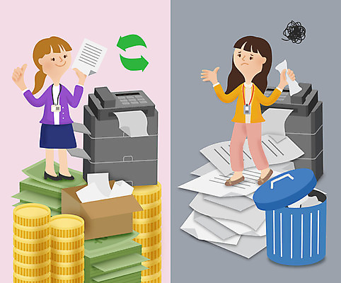 전신 여자 종이 지폐 돈 일러스트 서기 성인 두명 동전 재활용 절약 인쇄기 국내일러스트 AI파일 컨셉 모션 사람 전자제품 재산 친환경 파일형식 벡터