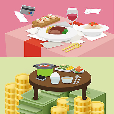 분홍색 지폐 돈 일러스트 식탁 반찬 스테이크 사람없음 연두색 와인 동전 저축 절약 신용카드 비교 돈다발 밥상 영수증 외식 동전탑 집밥 국내일러스트 AI파일 음식 컬러 컨셉 탁자 주류 서양음식 초록색 금융 쌓기 재산 파일형식 벡터