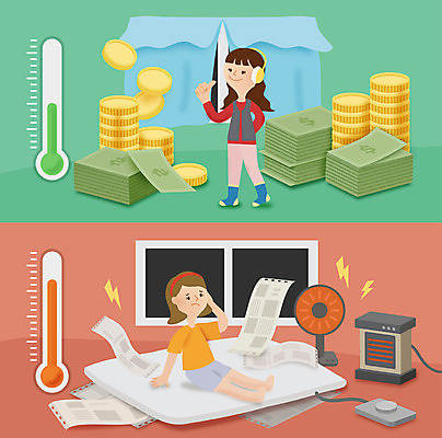 전신 여자 지폐 돈 일러스트 창문 서기 앉기 성인 두명 동전 커튼 절약 난로 온도 전기장판 국내일러스트 AI파일 컨셉 모션 사람 재산 난방기 장판 파일형식 벡터