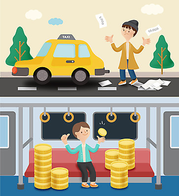 전신 남자 지폐 돈 일러스트 대중교통 서기 앉기 성인 두명 동전 절약 전철 출퇴근 택시 국내일러스트 AI파일 육상교통 교통수단 컨셉 비즈니스 모션 승용차 자동차 사람 재산 파일형식 벡터