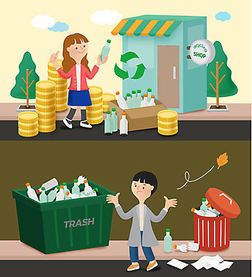 전신 여자 남자 지폐 돈 일러스트 서기 성인 두명 동전 재활용 쓰레기통 절약 빈병 국내일러스트 AI파일 컨셉 모션 병_용기 사람 재산 친환경 파일형식 벡터