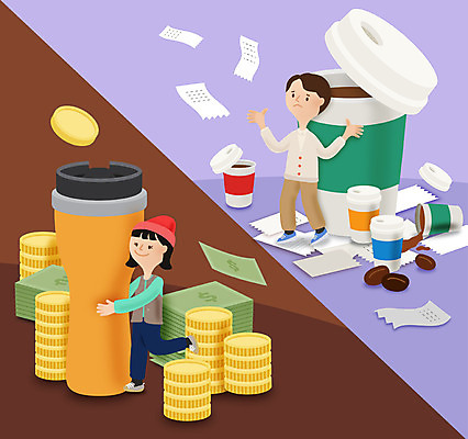 전신 여자 남자 커피 지폐 돈 일러스트 서기 성인 두명 동전 절약 테이크아웃 텀블러 테이크아웃컵 국내일러스트 AI파일 음료 컨셉 모션 사람 컵 재산 파일형식 벡터